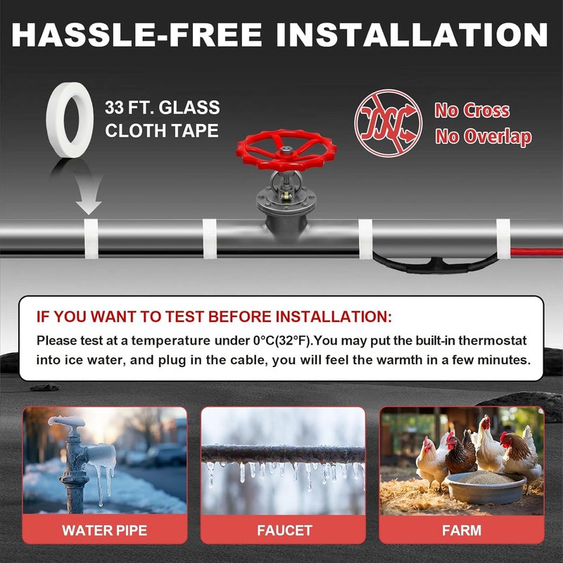 MAXKOSKO Store 55 Feet Pipe Heat Cable for Water Pipe Freeze Protection, Heat Tape for Pipes with Thermostat, Prevents Pipe Freeze, for Metal & Plastic Pipes, 120V 7W/FT - Image 5